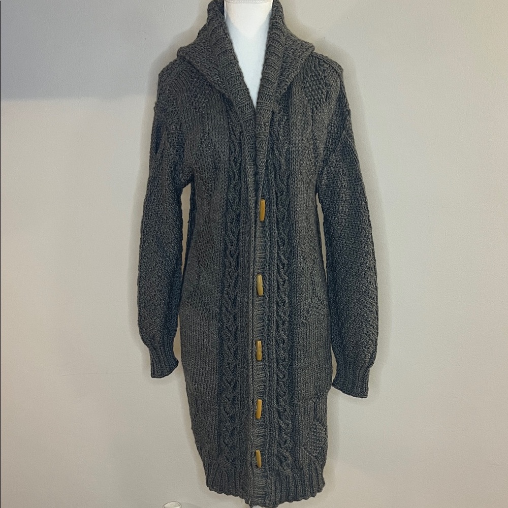 Handmade Cozy Long Gray Cable-Knit Button Sweater Coat